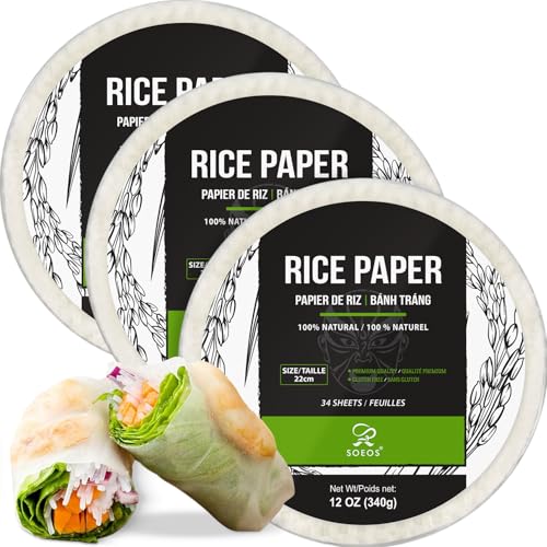 Soeos Rice Paper, White Rice Paper Wrappers, 3 Pack, 34 Sheets-Fresh Spring Roll Wrappers & Dumplings, Non-GMO, Gluten-Free, Low Carb, Vietnamese Rice Wraps (Round, 22cm)