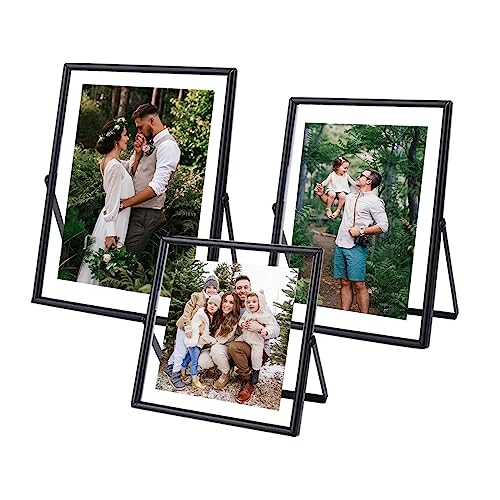 HSAUYU Glass Picture Frame Set of 3, Black Simple Metal Geometric Photo Frame with Glass Cover...
