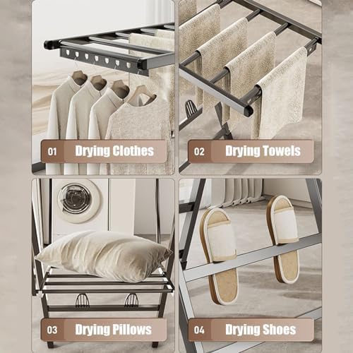 Large Freestanding Folding Clothes Drying Rack - Adjustable Aluminum Laundry Drying Rack with Collapsible Wings for Clothes, Towels, and Shoes - Space-Saving Design