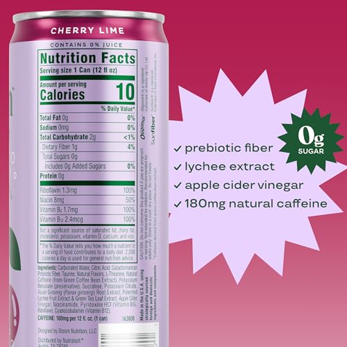 Image of Bloom Nutrition Sparkling Energy Drink for Focus, Natural Caffeine, Zero Sugar, 180mg Caffeine, Antioxidant-Rich with Green Coffee Bean, Green Tea Extract, & Prebiotics, Cherry Lime 12oz (Pack of 24)