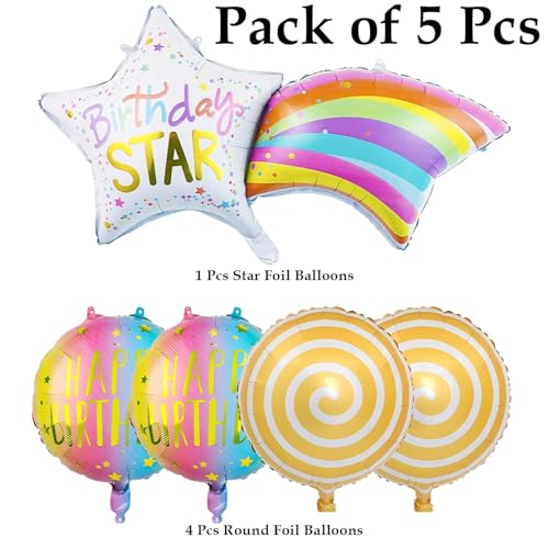 Image of Rozi Decoration Rainbow Foil Balloons Set - Pack of 5 | Star, Rainbow & Round Happy Birthday Balloons | Party Decorations for Kids, Boys, Girls, and Adults