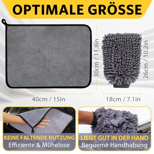 KEYAYE Autopflege Set mit 3 Stück Mikrofasertücher Auto & 2er Mikrofaser Waschhandschuh, 600 GSM Auto Trockentuch zum Kratzfreien Trocknen & Polieren, Extra Saugstark und Schonend Weich, 40x30cm