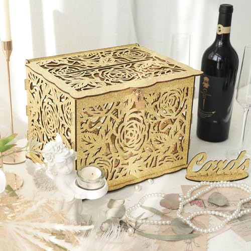 Image of Glittery Gold Wedding Card Box with Lock, Wooden Gift Card Box for Wedding Reception, Elegant Wedding Money Envelope Card Box Holder for Party Graduation Birthday Baby Shower Decorations