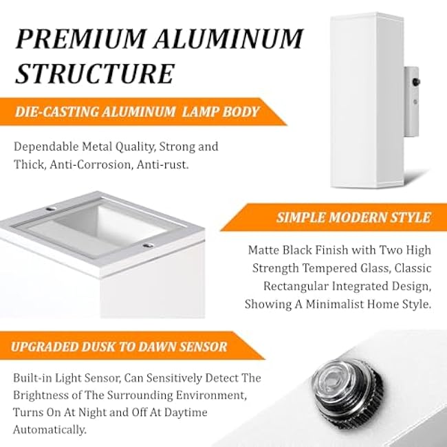 Dusk to Dawn Outdoor Lighting Sensor Porch Lights 2 Packs, 12W 2700K Integrated LED Up Down Lights Outdoor, IP65 Waterproof Aluminum Wall Sconce Exterior Wall Light for Porch Patio etc.