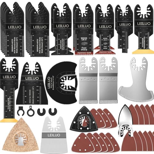 LEILUO Kit d'accessoires oscillant multitool 155 pièces Pour couper poncer et jointoyer Lames de scie oscillantes universelles avec sac de rangement Compatible avec...