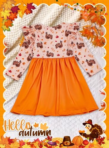 Toddler Girls Cartoon Print Dress - Kids Casual Ruffle Long Sleeve Clothes Turkey Pumpkin Ghost Fall Winter Outfits2