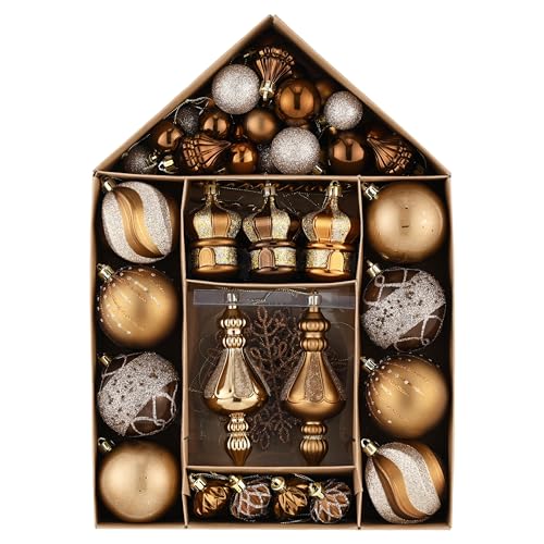Valery Madelyn Christmas Tree Ornaments Set for Fall Decor, 70ct Bronze Copper Gold Shatterproof Christmas Tree Decorations Bulk, Luxury Brown Hanging Ball Ornaments for Thanksgiving Autumn Harvest