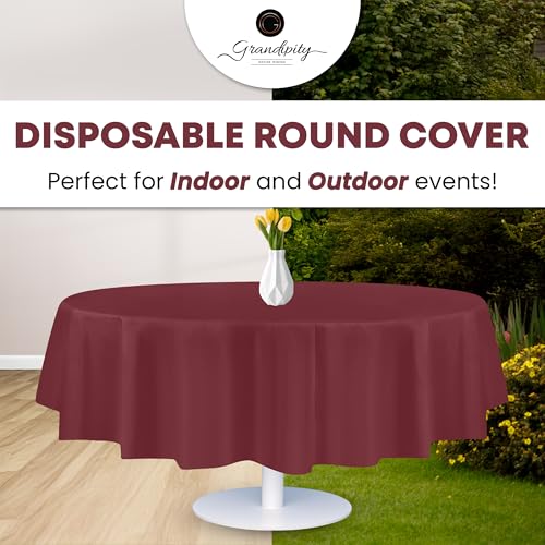 Image of Grandipity Plastic Table Cloth Disposable 12 Pack 84 inch Round Burgundy | Plastic table covers, durable disposable tablecloths, fade and tear-resistent table cover for party, event