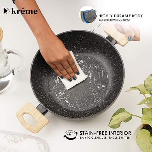 Image of Kreme Venetia Premium Series 4-Piece Granite Kadai Cookware Set with Lid | Non-Stick Aluminium Deep Kadhai | Granite Coating | Induction & Gas Stove Compatible | Healthy Low-Oil Cooking, Grey
