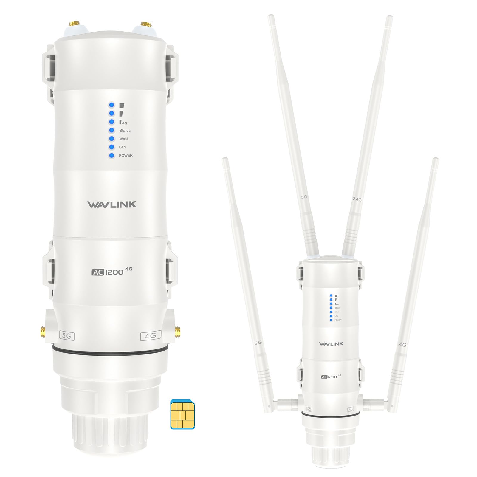 Ripetitore WiFi Esterno Potente Wavlink AC1200 4G LTE Dual Band Alta Potenza con Antenna Lunga Portata 7dBi e Slot SIM - Amplificatore WiFi Outdoor PoE per Copertura Estesa Fino a 200m