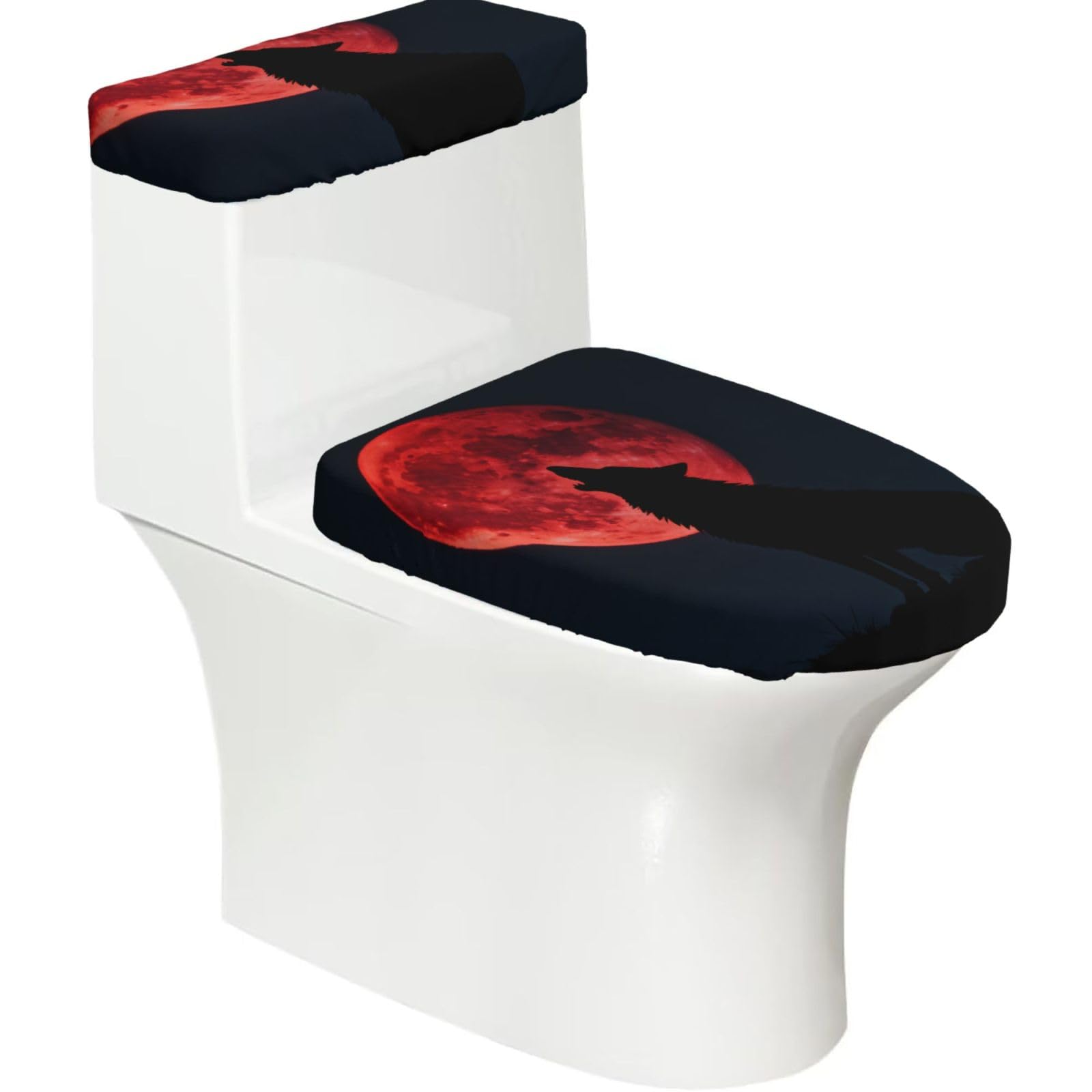 Blood Moon Wolf Elastic Toilet Cover Set of 2-Stretchy Lid and Tank Covers for Bathroom, Soft Washable U Shape Toilet Decor