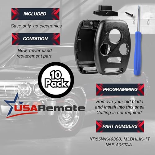 Image of 10X Honda Key Fob Shell Case Replacement, fits Honda 2003-2012 Accord, 2006-2013 Civic EX, 2009-2015 Pilot, 2005-2006 CR-V, Remote Cover Housing Shell Only, No Cutting Required