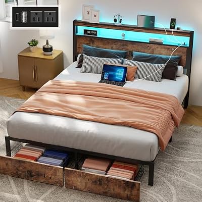Zhizenl Queen Size Bed Frame with Storage, LED Wood Bed Platform with Headboard, 2 Drawers, Charging Station, No Box Spring Needed, Metal Support Base, Vintage Brown