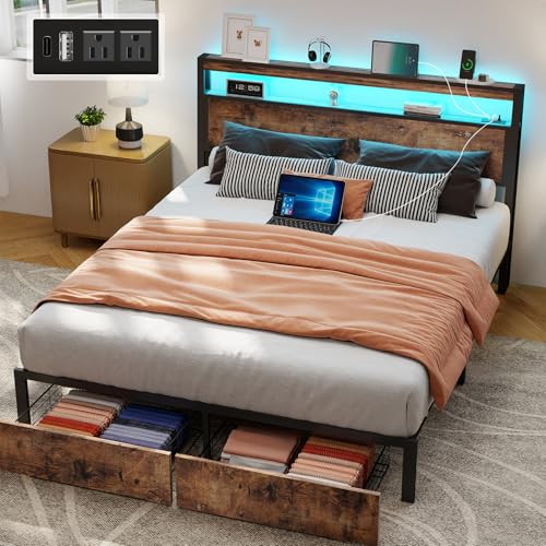 SADENICEL Queen Bed Frame with Storage Headboard and 2 Drawers, Metal Platform Bed Frame with LED Light, Charging Station, No Box Spring Needed, Noise Free, Easy Assembly, Vintage Brown Quee