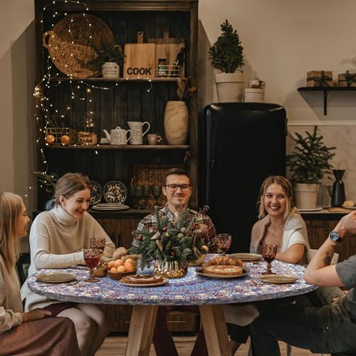 Fitted Vinyl Round Tablecloth for 36-44" Table Boho Waterproof Reusable Summer Fall Tableclothes Campers Inside Outdoors Supplies Dining Room Kitchen Needs White Elephant Gifts