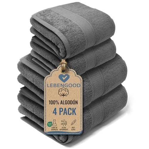 LEBENGOOD Juego de Toallas de Baño y Lavabo 100% Algodón Premium 550gsm | 2 Toallas Lavabo (50x90) y 2 Toallas Ducha (70x130) | Toallas Grandes, Suaves, Absorbentes y (2 50X90 2 70X130 Acero)