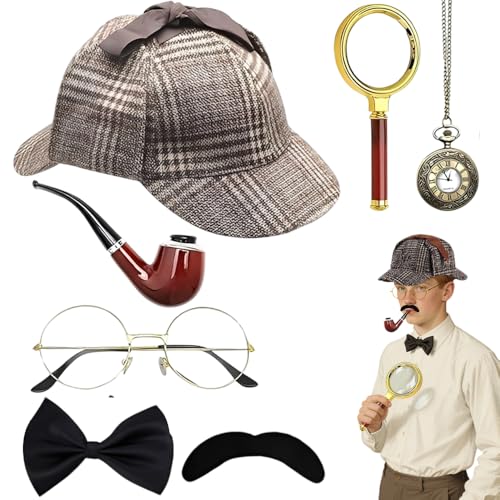 Bild: KUWUNG 7 St�ck Detektiv Kost�m Zubeh�r Set, Sherlock Holmes Kost�m Accessoires mit Detektivhut Metallbrille Lupe Herrenfliege Bart, Detektiv Cosplay Requisiten f�r Kinder Erwachsenen f�r 14,99 EUR (-16%) statt 17,99 EUR bei amazon.de