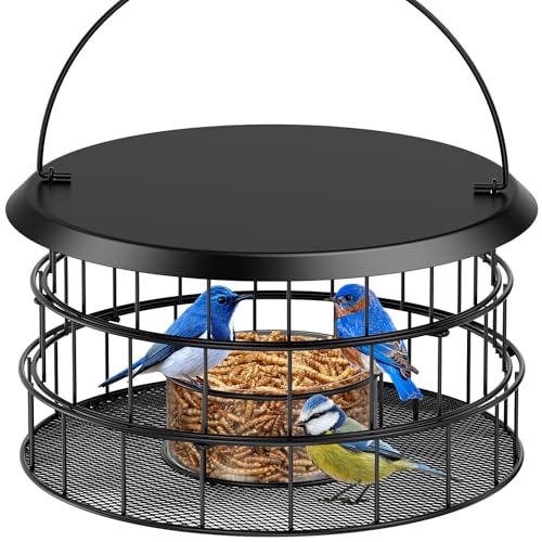 Bluebird Feeders for Outdoors Hanging - Birdfeeder Hanging for Garden Yard Outside, Upgraded All Metal Cage Mealworm Bird Feeder with Tray, Squirrel Proof, Easy to Refill & Clean