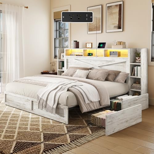 Image of AMERLIFE 45'' Farmhouse King Bed Frame with 4 Drawers, LED Bed Frame with Bookcase Headboard & Side Shelves, Wood Platform Bed with Charging Station, White
