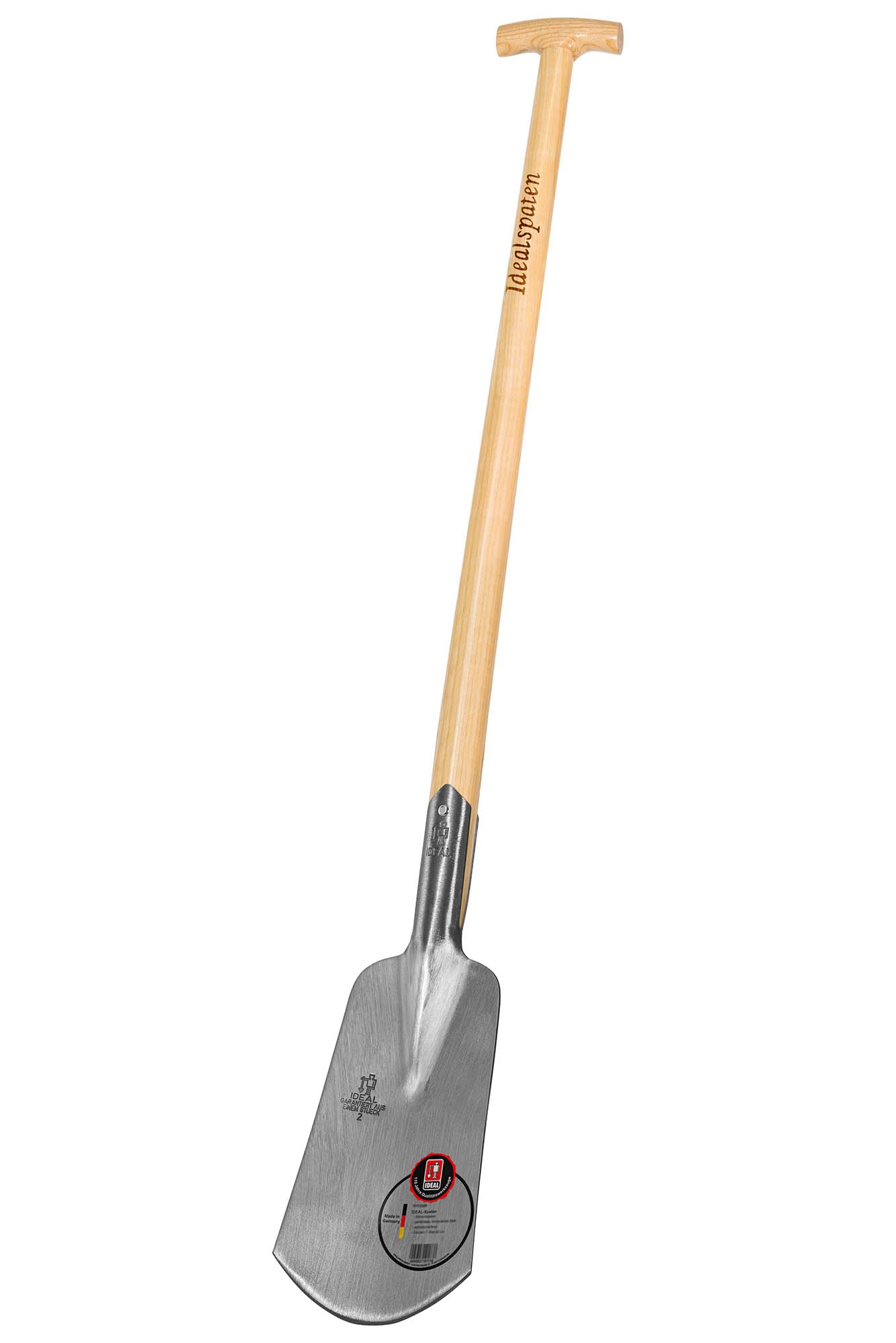 IDEAL-Marschspaten | für schwere Marsch- & Lehmböden | feinpolierter Doppelfederspaten, selbstschärfend, ohne Tritt, Eschen-T-Stiel 92 cm