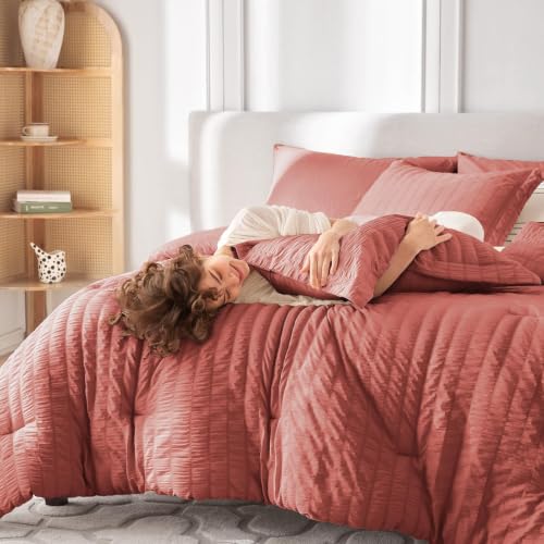 Image of MUXHOMO 7 Pieces Full Comforter Set, Seersucker Bed in a Bag Full Size, All Season Luxury Bedding Set with Comforter, Flat Sheet, Fitted Sheet, Pillowcases & Shams, Coral