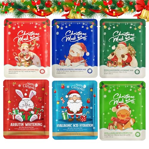 6 Stück Weihnachts Hautpflege Gesichtsmaske,Gesicht Pflege Gesichtsmaske,Hydratisierende Übernachtmaske,für verschiedene Hautbedürfnisse,festlicher Verpackung Weihnachtsstil