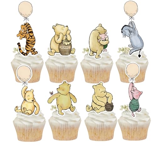 48 PCS Winnie Cupcake Toppers Classic Pooh Baby Shower Cupcake Topper Cute Winnie Birthday Party Decorations Baby Shower Favor