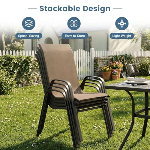 Image of DIFY Patio Chairs Set of 8, Stackable Outdoor Dining Chairs Set with Breathable Textilene High Back and All-Weather Metal Frame for Garden, Backyard, Deck, Brwon
