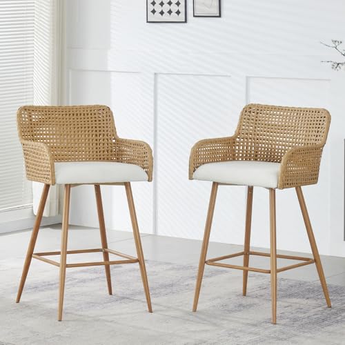 Butacos de altura para barra, set de 4, modernos con tapizado en bouclé y patas de metal, para isla de cocina o comedor, color beige blanco miniatura 7