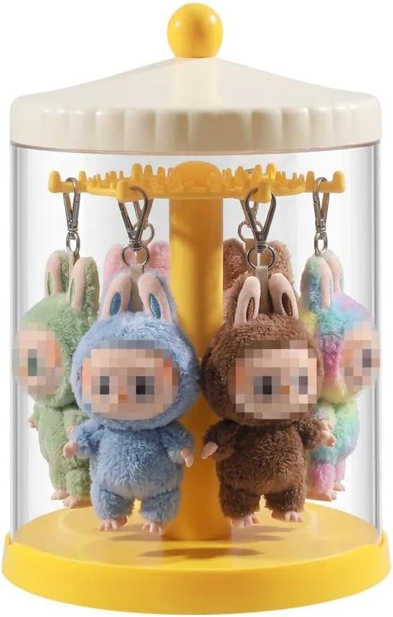 iobiotio Rotating Display Case Compatible with Labubu, Stackable Clear Blind Box Storage Organizer for 6.7" Doll, Dustproof Figure Showcase for Plush Keychain, Hanging Doll Holder for Desktop Decor