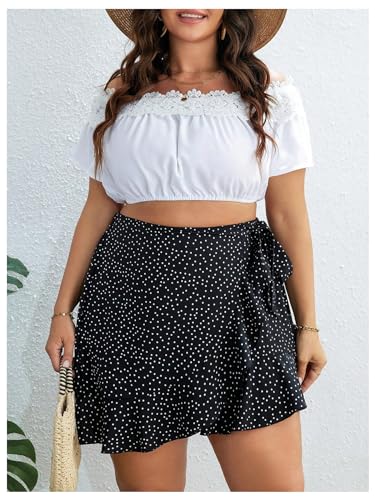 SweatyRocks Women's Plus Size Polka Dots Wrap Short Skirts High Waist Ruffle A Line Skirts4