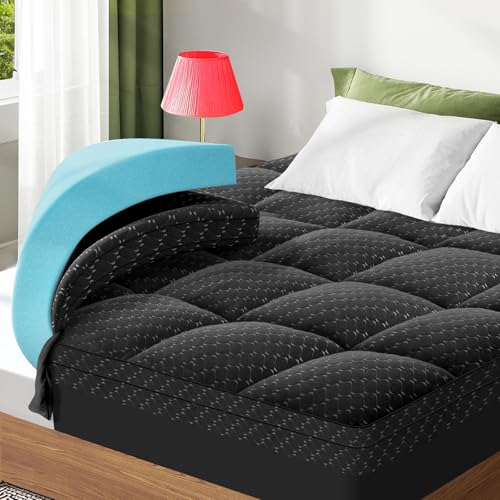 Image of Dual Layer 3 Inch Memory Foam Mattress Topper King Size, 2 Inch Gel Memory Foam Plus 1 Inch Cooling Pillow Top Mattress Pad Cover, with 8-21 Inch Deep Pocket, Black