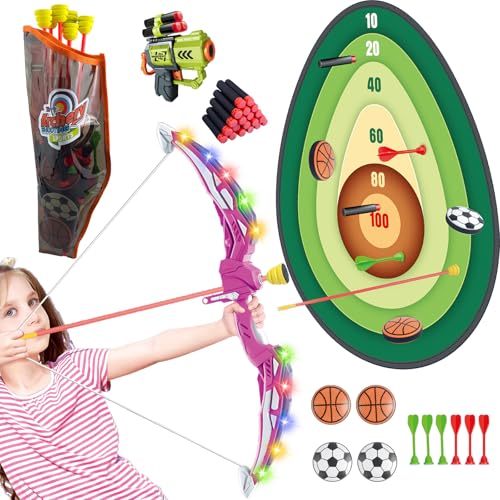 Kids Bow and Arrow Set Toy for Kid 4-8 8-12, Kids LED Light Up Archery Set Targets for Backyard Shooting Games, Indoor Outdoor Sport Playset Birthday Gifts Toys for Boys Girls (Pink)