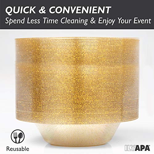 Ilyapa 12Oz Plastic Bowls Set Of 100 - Gold Glitter 12 Oz Heavy Duty Dessert Disposable Bowl Pack For Wedding Or Party #TOP4