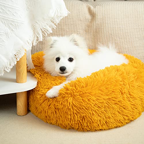 Labpepet Calming Donut Orange Dog Bed & Cat Bed| Anti Anxiety Round Fluffy Plush Dog Bed For Small Medium Large Dogs, Machine Washable Cuddler Pet Bed(Extra Small (20×20×6 Inch), Orange #TOP6