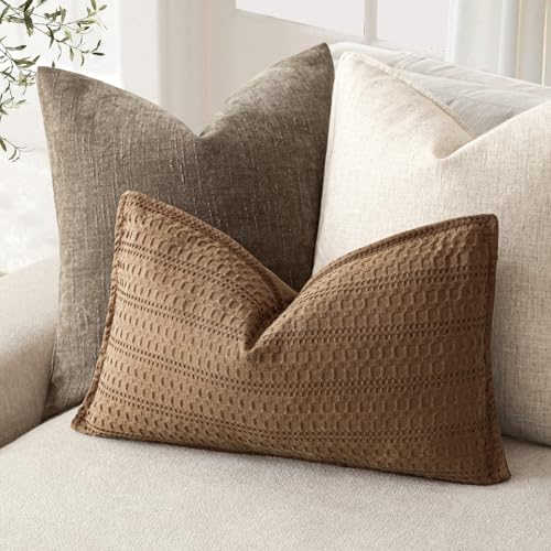 Image of Foindtower Set of 2 Decorative Cotton Waffle Weave Lumbar Throw Pillow Covers Euro Shams Cushion Covers Accent European Pillowcase for Bed Couch Bedroom Living Room Home Decor 12x20 Inch Orange Brown
