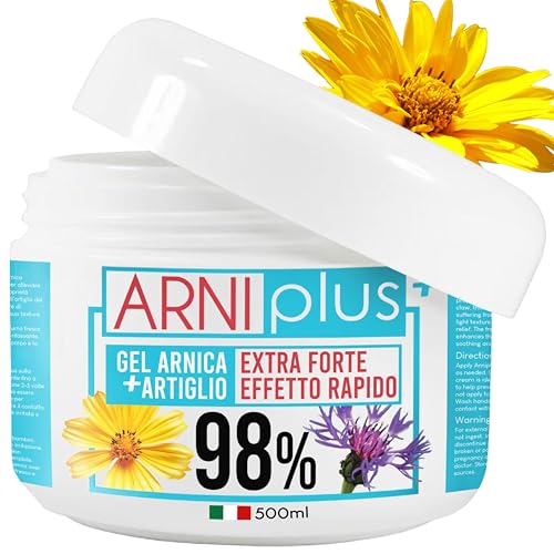 ARNIplus+ Arnica per cavalli uso umano, 500ml arnica gel forte 98%, assorbimento rapido, Raffreddante non unge, Arnica + Artiglio del diavolo, made in italy per massaggi muscolari e articolari