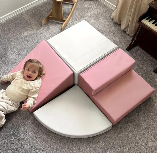 Image of Large 4 Pieces Climbing Toys for Toddlers 1-3, Non-toxic & Eco-friendly Toddler Climbing Toys Indoor, Soft Play Equipment Indoor for Motor Skills, Easy Setup & Clean Climbing Blocks, Pink & White
