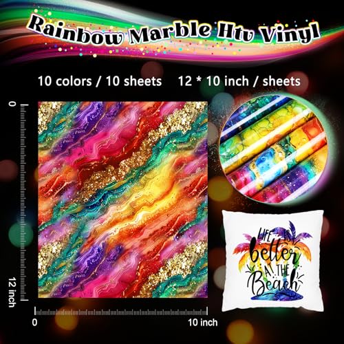 HTVSTD Rainbow Marble Patterned Heat Transfer Vinyl-10sheets 12'' x 10'' Metallic Gold Foil Waterproof HTV for DIY Fashion