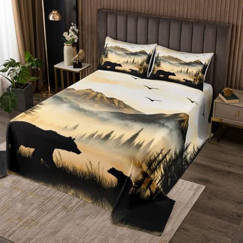 richhome Bären Tagesdecke 240x260cm Wildes Tier Steppdecke Foggy Berg Bettüberwurf Vintage Wohndecke Bettdecke mit 2 Kissenbezüge