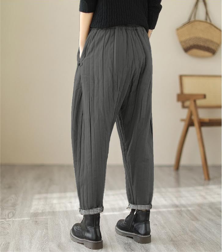 WROLEM Women Winter Warm Down Cotton Pants Thicker Padded Quilted Pants Relaxed Fit Wide Leg Trousers with Pockets - Image 3
