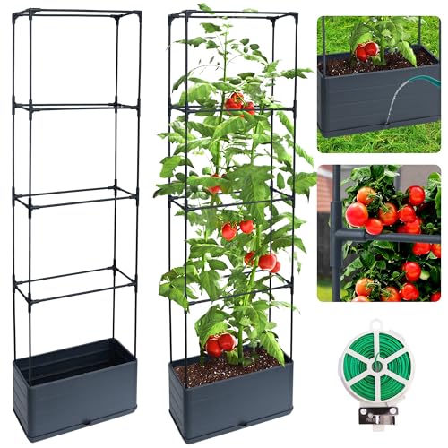 2 Packs Raised Garden Bed Tomato Planter Box with Trellis, 55.2' Self-Watering Tomato Cage with Rectangular Trellis for Climbing Plants Flowers Vegetables Vine in Patio Garden Indoor Outdoor