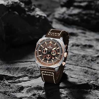 NAVIFORCE Men's Fashion Sport Watches Military Square Big Face Waterproof Chronograph Wristwatch with Luminous Hands,Leather Strap
