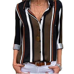 Astylish-Womens-V-Neck-Striped-Roll-up-Sleeve-Button-Down-Blouses-Top Women Casual Cuffed Long Sleeve Button up V Neck Tunic Shirts Tops Plus Size X-Large 16 18 Black