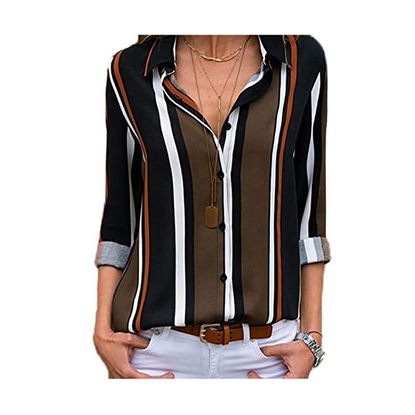 Astylish-Womens-V-Neck-Striped-Roll-up-Sleeve-Button-Down-Blouses-Top Women Casual Cuffed Long Sleeve Button up V Neck Tunic Shirts Tops Plus Size X-Large 16 18 Black