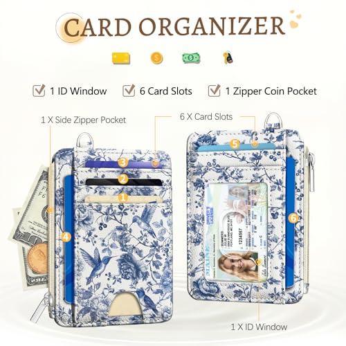 Image of Kelvoris Bird Flowers Credit Card Holder, Small Wallet Women, Slim RFID | Keychain, Zipper Coin Pocket, Front Pocket Thin Travel Card Case, Minimalist, 6 Card Slots, 1 ID Window, Ladies Gifts Woman