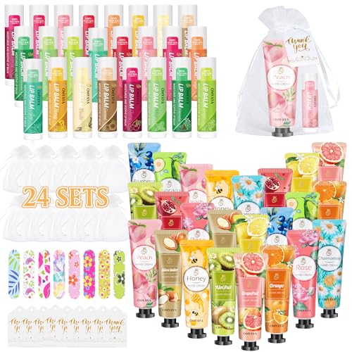 24SETS Handcreme Geschenk für Frauen, 120 Stück Weihnachtsgeschenke mit Handcremes,Lippenbalsam,Mini-Nagelfeilen,Organzabeuteln und Dankeskarten,Kleine Geschenk für Frauen,Partygeschenke für Gäste