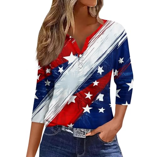 Image of 4th of July Shirts Women 3 /4 Length Sleeve Womens Tops Henley Neck Casual Patriotic T Shirts