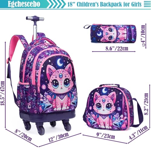Egchescebo Kids Rolling Backpack for Girls Cats Suitcases Trolley Roller Luggage Backpacks with 360° Rotating Wheels 15" Laptop Lunch Box Pencil Case for Elementary 18" Travel School Bag Purple2