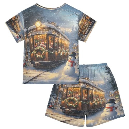 ALAZA Christmas Train Snowman Pajamas Set Short Sleeve Cotton Sleepwear Summer Pjs 2 Piece 5-14Y2